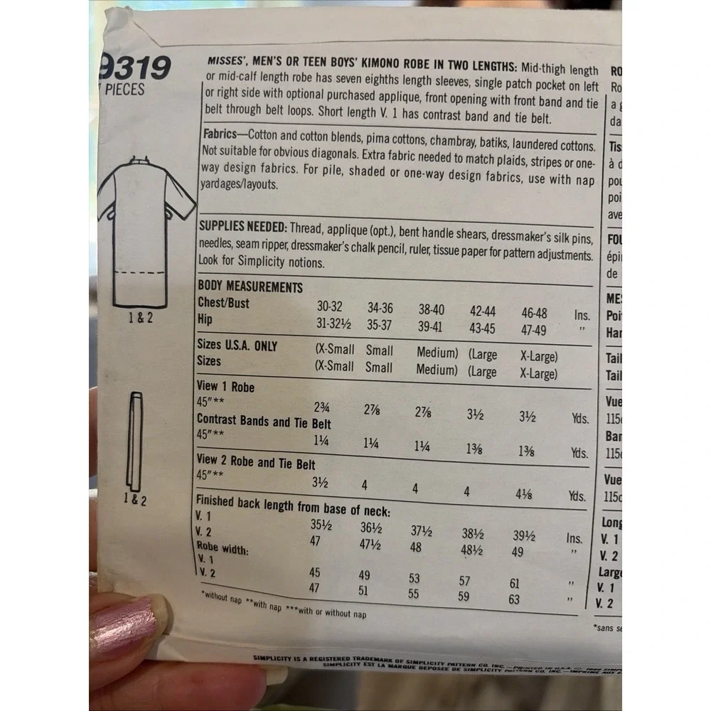 Simplicity 9319 Sewing Pattern Uncut Unisex Kimono Robe Size AA XS-M Vintage